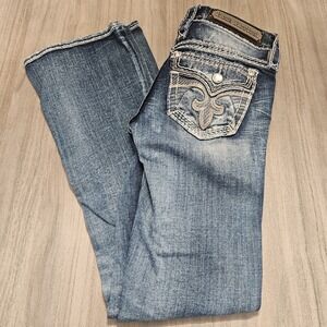 Rock Revival Rima Boot Jeans Distressed Dark Wash Rhinestones Women's Size 26